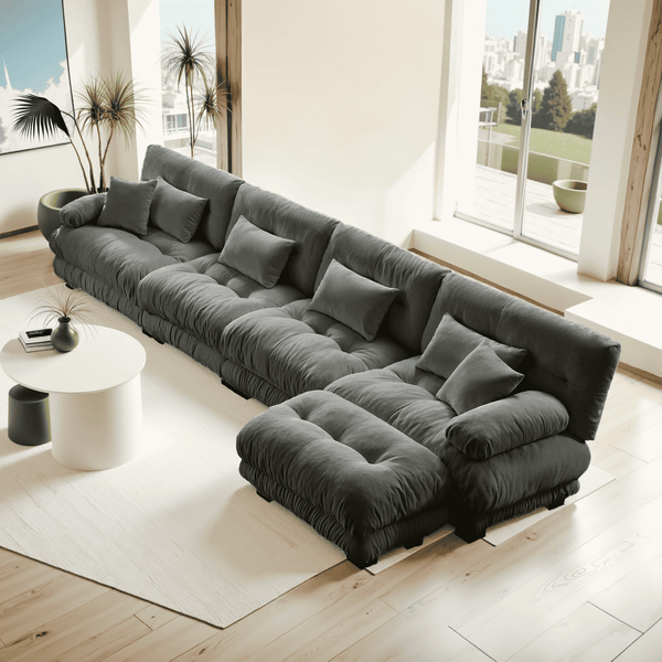 Embrace Fluffy Chenille Cloud L Shape Modular Couch 4 Seater Sofa with 1 Movable Ottoman | luxnest